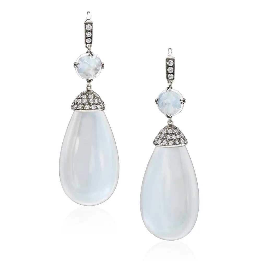 Stephen Silver pendant earrings with large oval moonstone drops accented with diamonds.