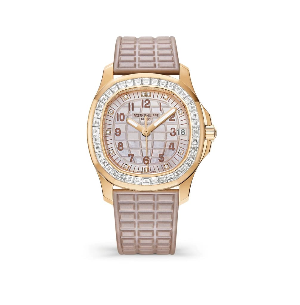 Patek Philippe Aquanaut Luce watch with mother of pearl dial, diamond bezel, and textured strap.