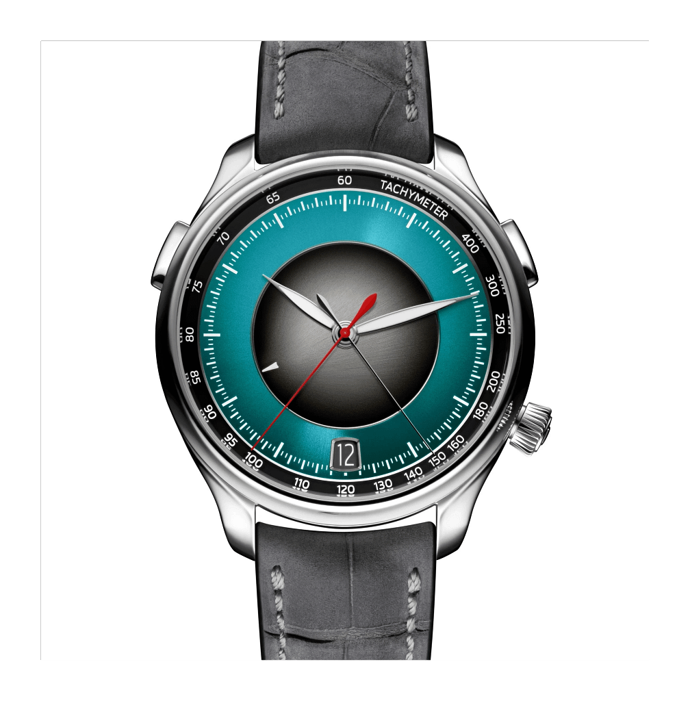H. Moser Endeavour Flyback Chronograph Dual Time Date Watch with turquoise dial.
