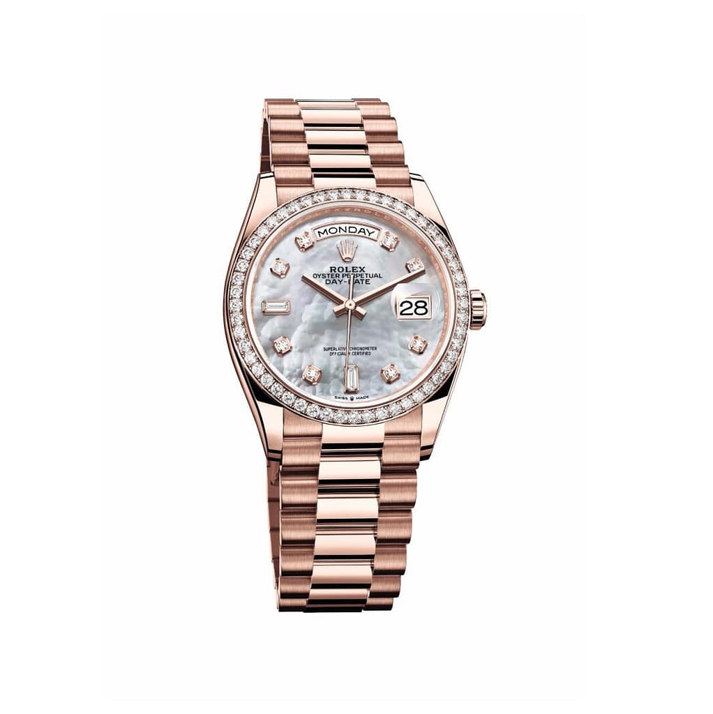 Rolex Day-Date watch in rose gold with a mother of pearl dial, diamond hour markers and a diamond bezel.