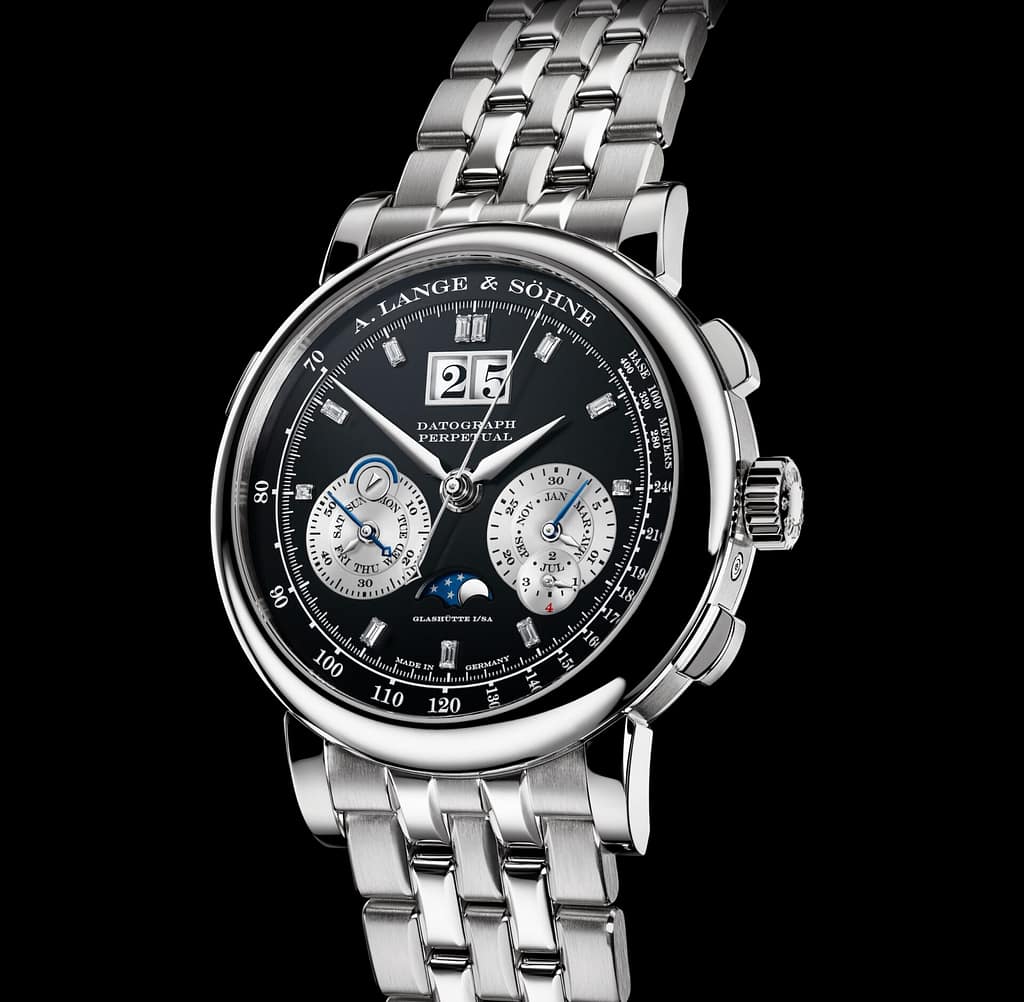 A. Lange & Söhne Datograph Perpetual watch in platinum with black dial and diamond hour markers on platinum bracelet.