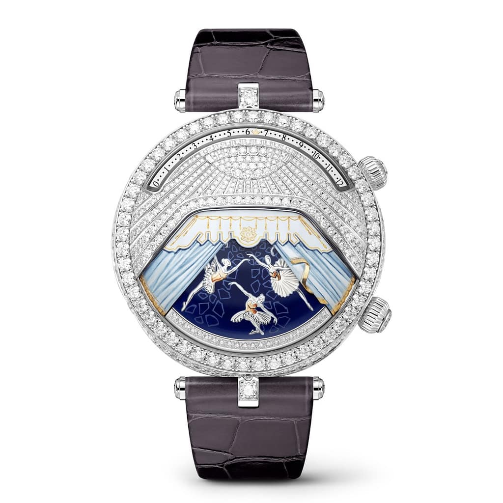 Van Cleef & Arpels diamond watch with dancing ballerinas illustration.