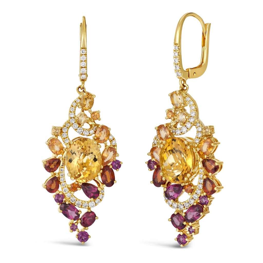 Le Vian gold pendant earrings featuring citrines, rhodolites, spessartites and diamonds.