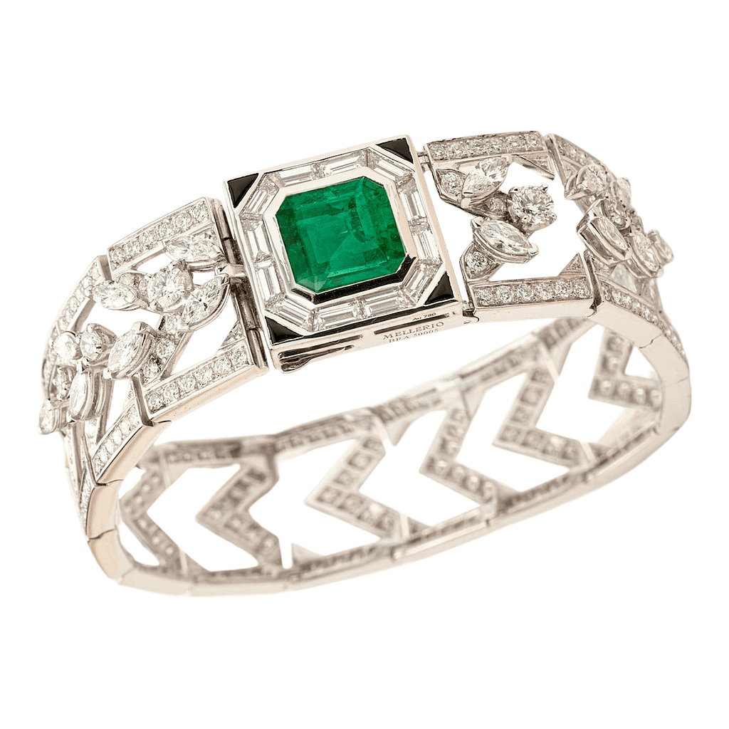 Mellerio Art Deco style diamond bracelet with emerald center stone.