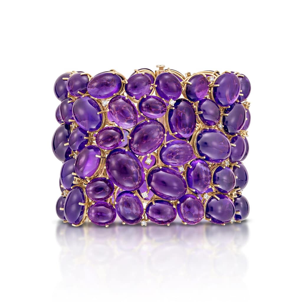 Stephen Silver 500 carat one of a kind amethyst, gold and diamond cuff bracelet.