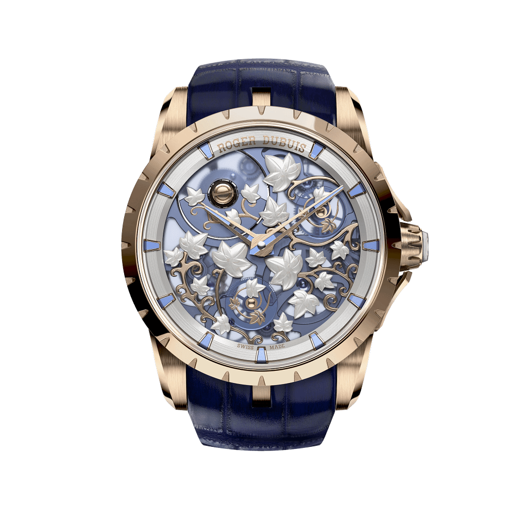 A photo of the new Roger Dubuis Excaliber Twilight rose gold watch. The watch's transparent blue dial is decorated with ivy vines with mother-of-pearl leaves.