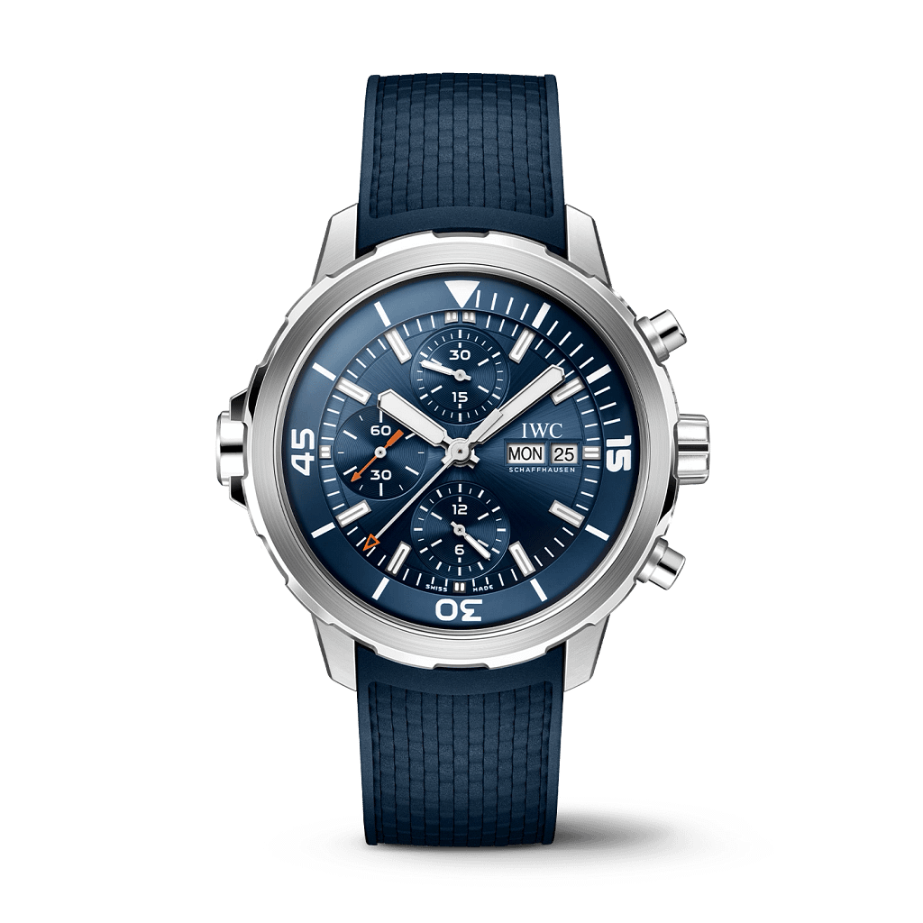 IWC Aquatimer Dive watch with a chronograph function and date indicator in stainless steel with a blue dial and strap.
