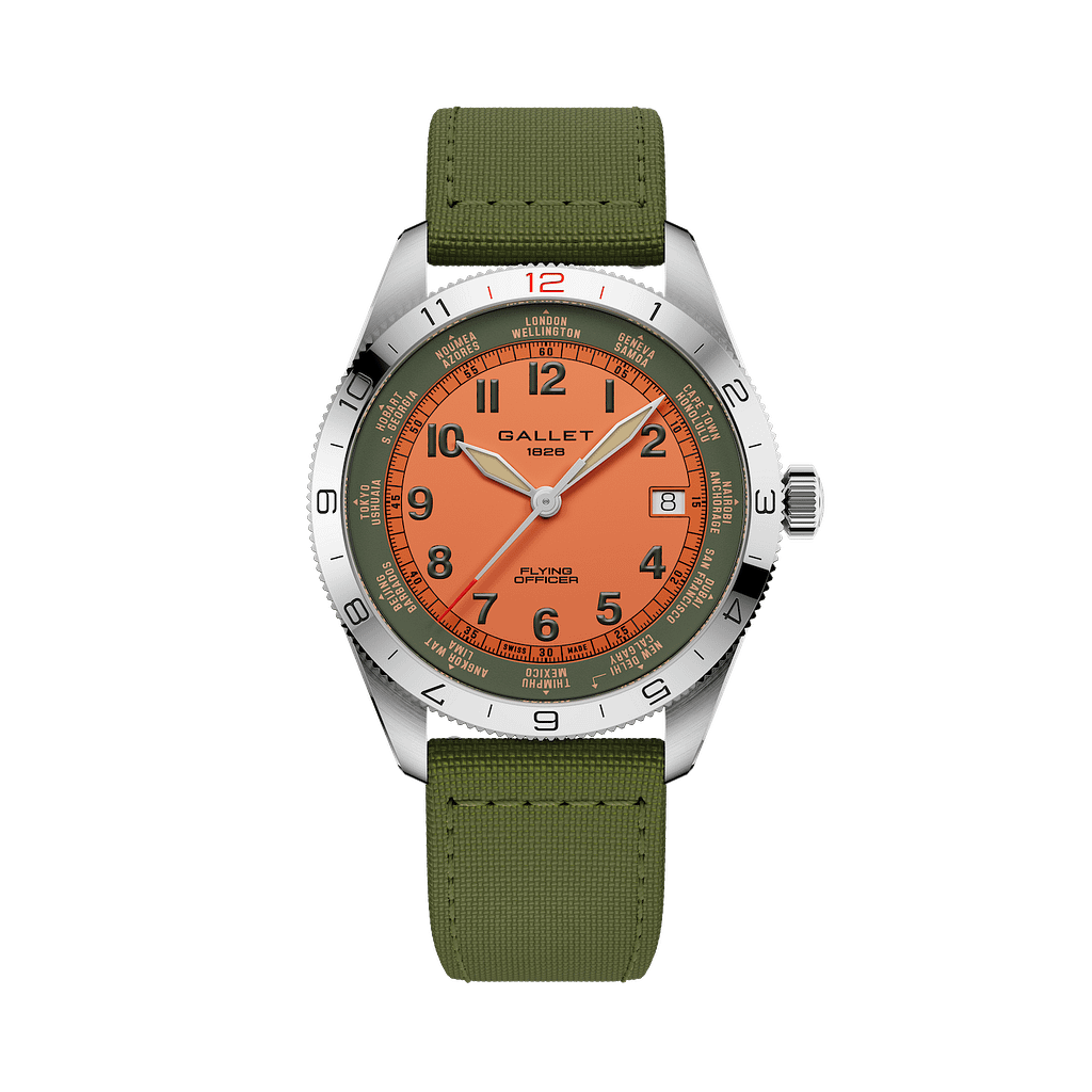 A Gallet Flying Officer watch with an orange dial on green strap.