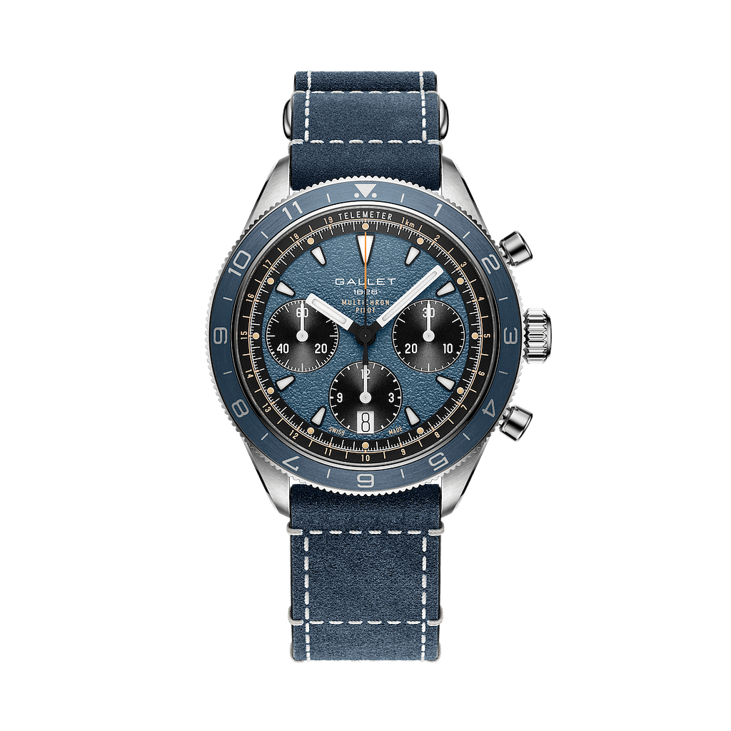 Gallet Multichron chronograph watch with blue dial on blue strap