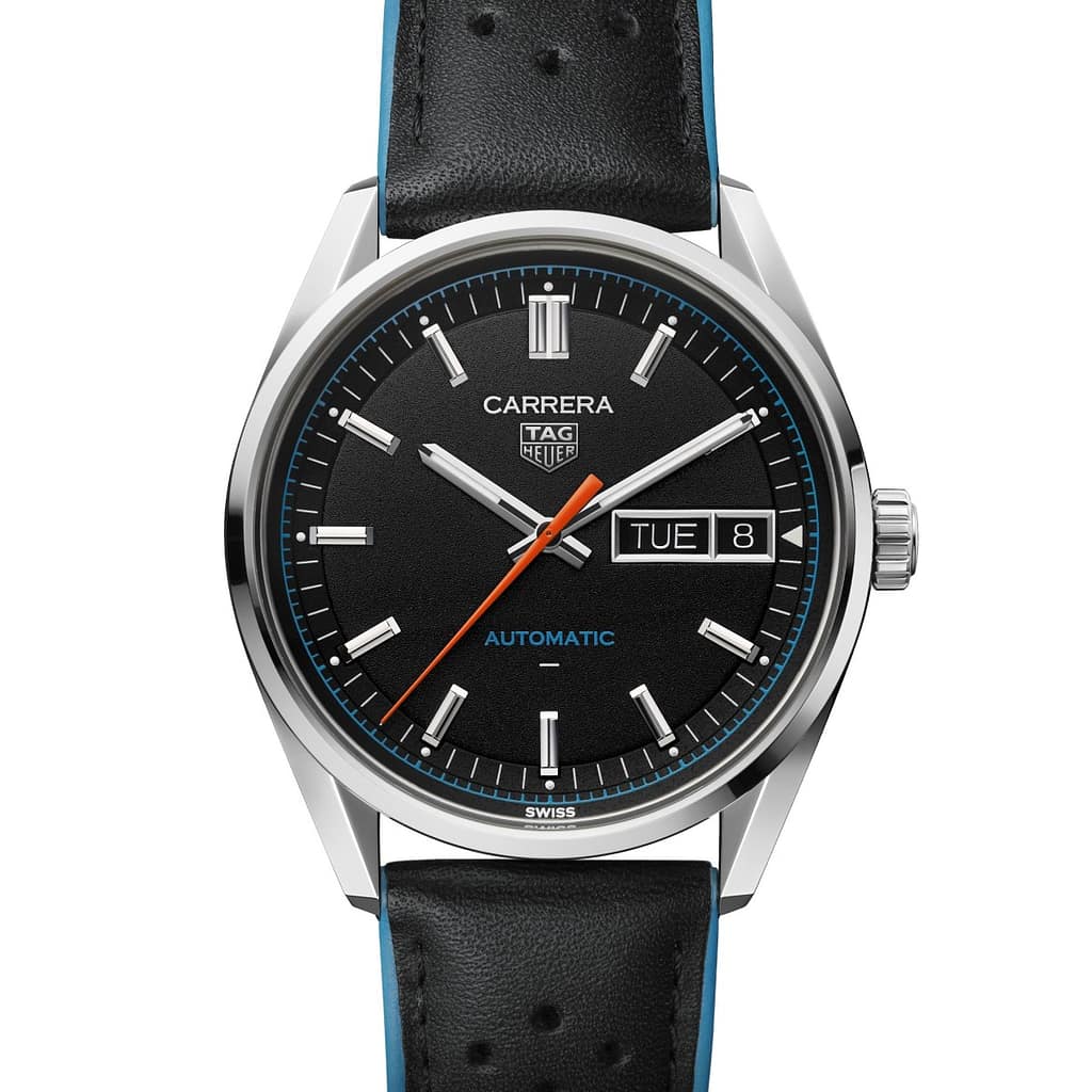 TAG Heuer Carrera Day-Date automatic-winding steel watch with black dial and leather strap