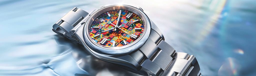 Rolex Oyster Perpetual 36 with multicolor jubilee dial celebrating the Oyster's 100 year anniversary.