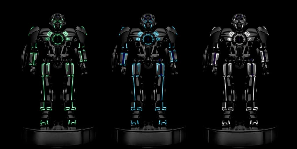 Photo of MB&F's three HM12 The Guardian robots in green, blue and purple with detachable heads that transform into wristwatches.
