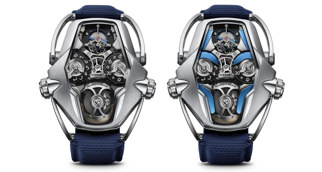 The MB&F HM12 watch in blue with its face shield off and on