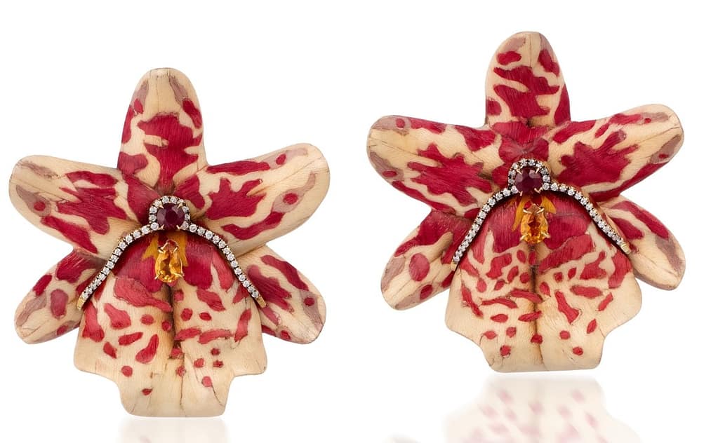 Silvia Furmanovich wood marquetry earrings set in 18K gold with diamonds, rubies and citrines