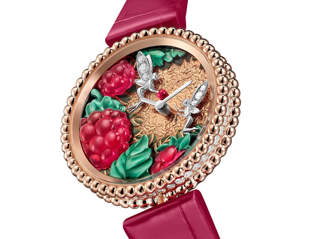 The new Van Cleef & Arpels Perlée Extraordinaire Fruits Enchantés watch with raspberry dial. 