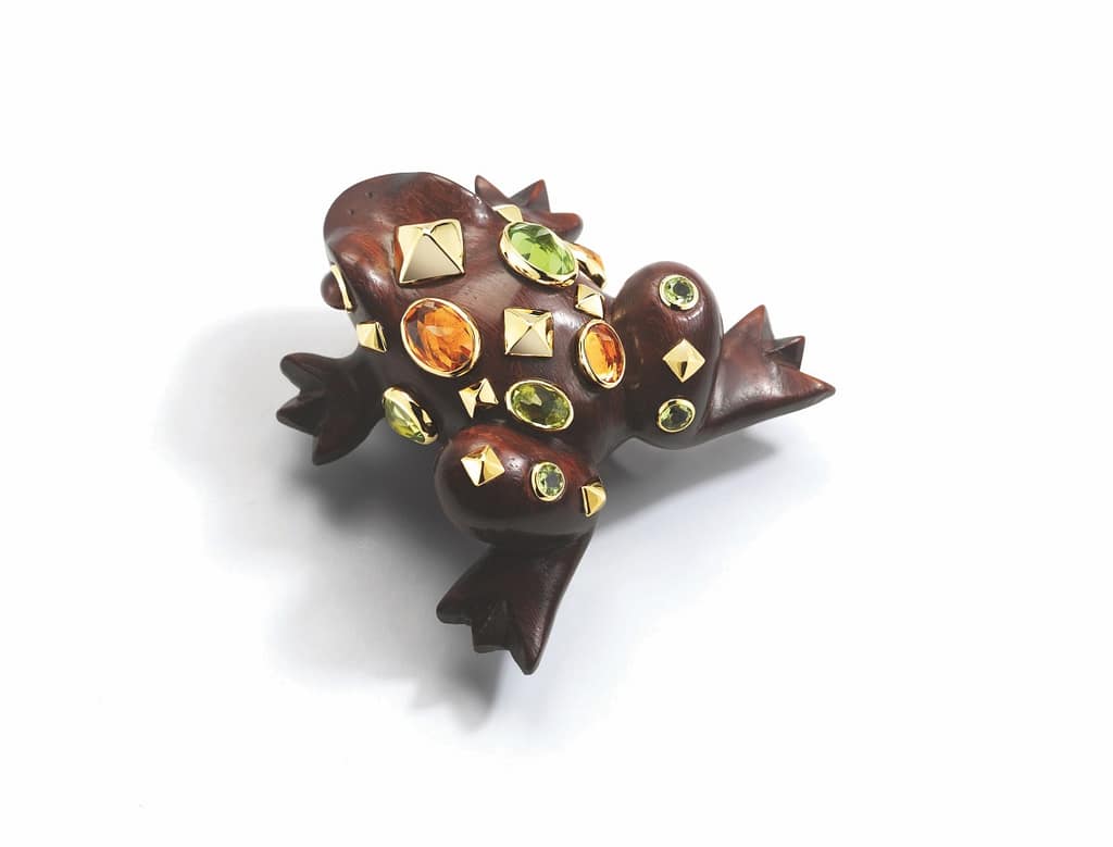 Seaman Schepps rosewood, citrine and peridot frog brooch.