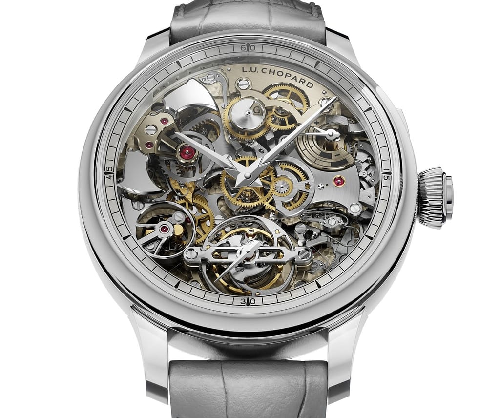 The Chopard L.U.C Grand Strike watch in white gold and gray leather strap.