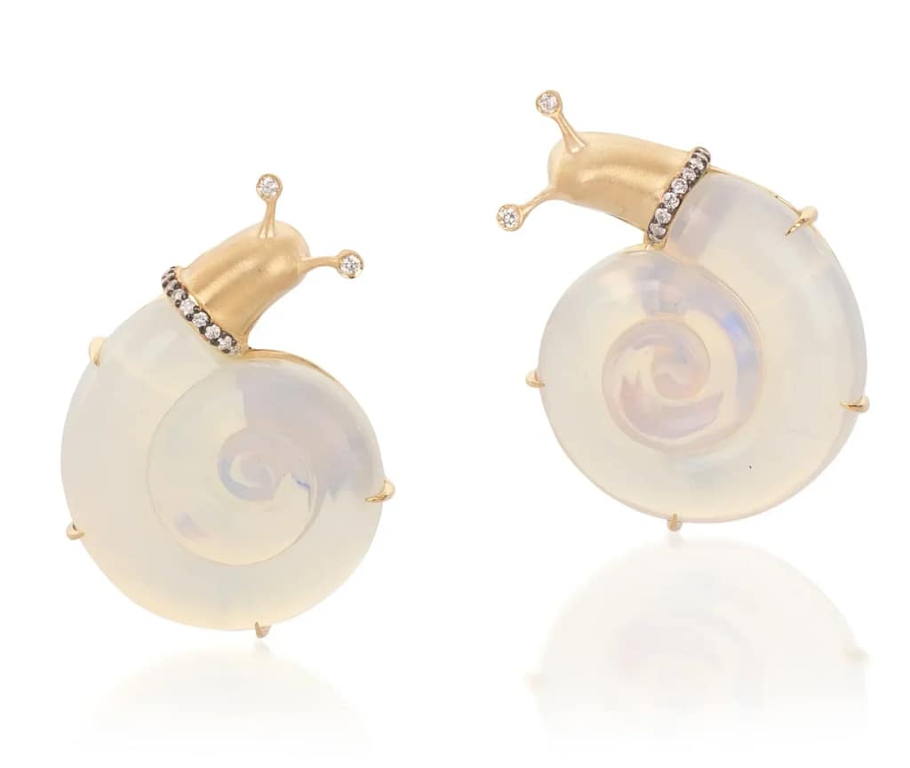 Silvia Furmanovich whimsical snail shaped earrings made of carved moonstone with gold and diamond accents