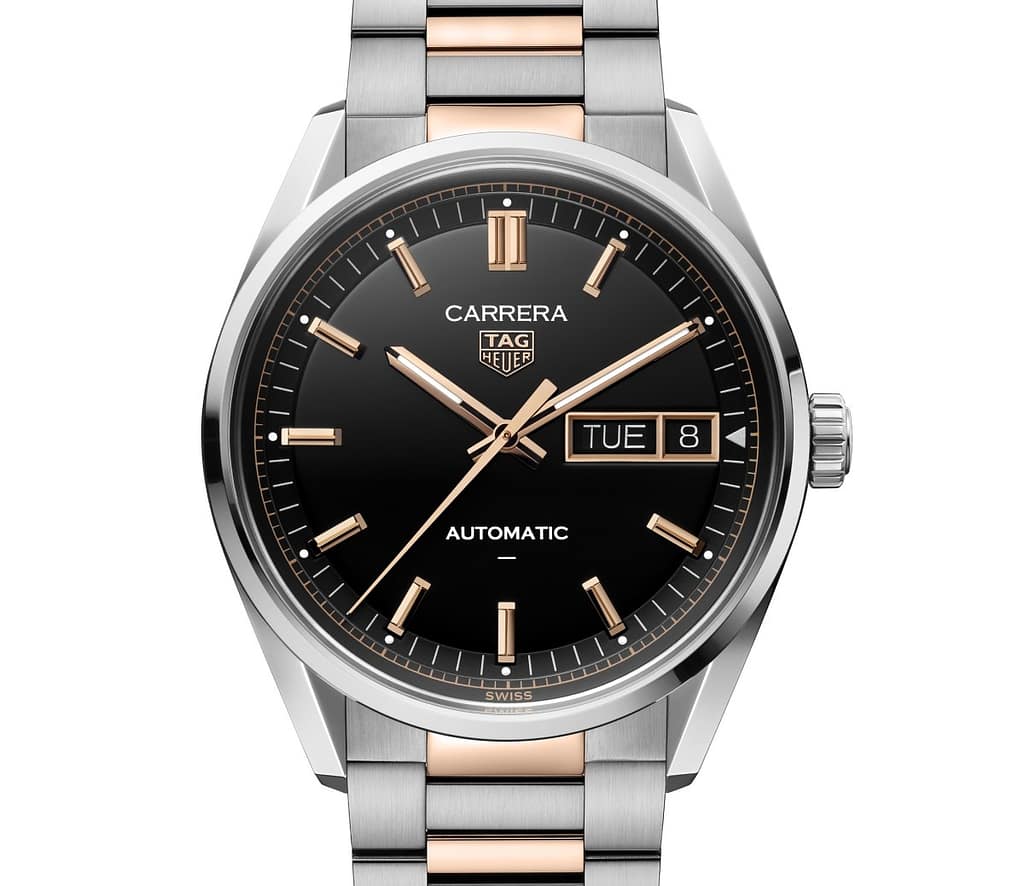 TAG Heuer Carrera Day-Date automatic-winding steel and gold bracelet watch with black dial