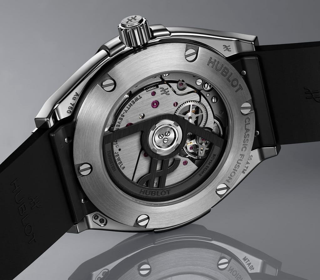 The Hublot Classic Fusion Tributo's movement viewed from the case back.