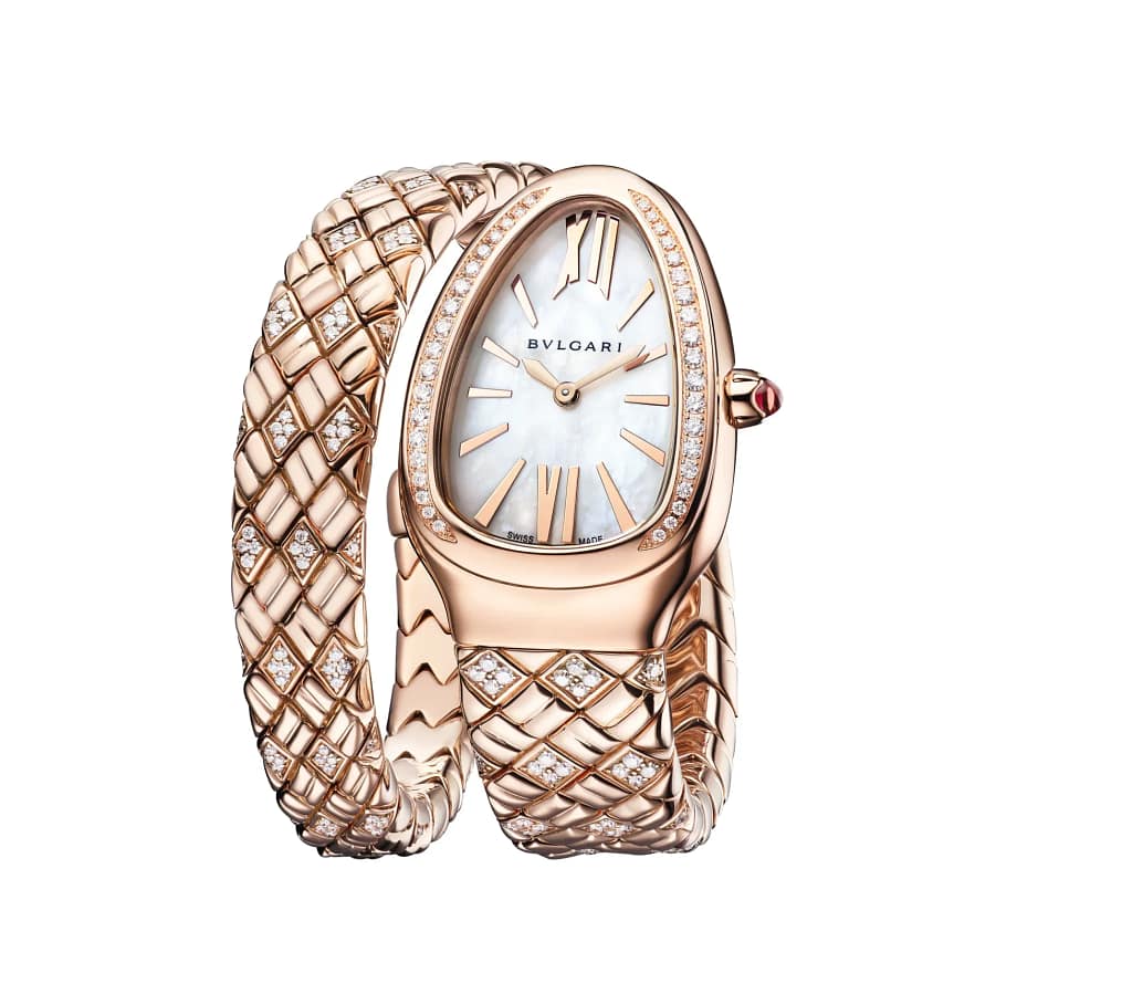 Bulgari Serpenti gold wraparound watch with mother-of-pearl dial and diamonds