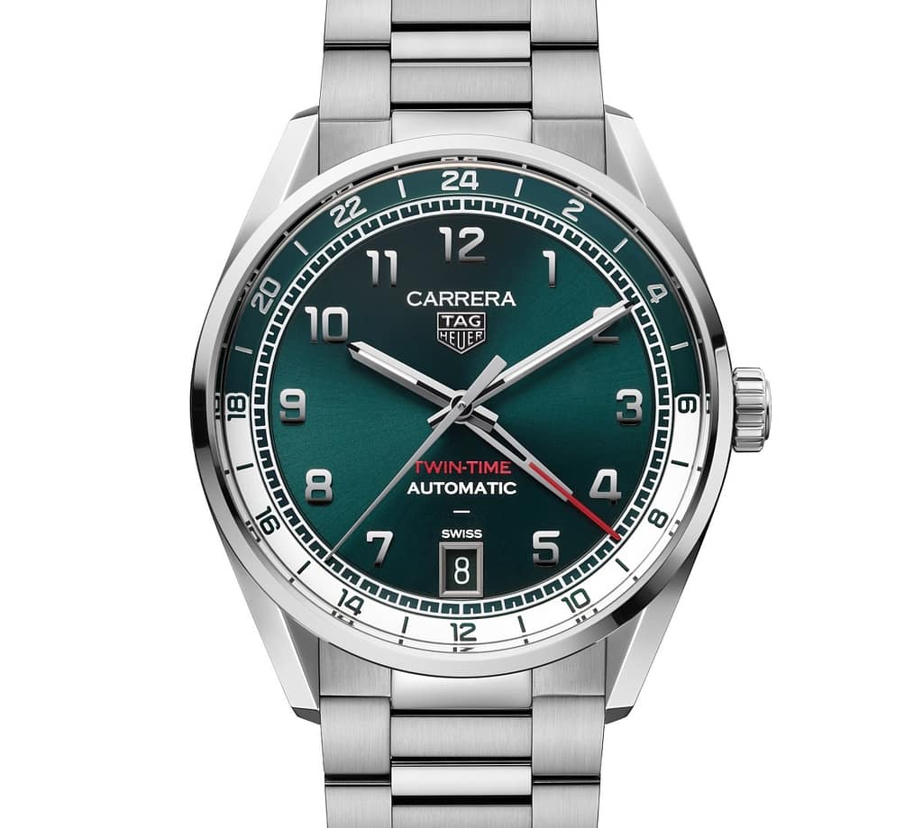 TAG Heuer Carrera Twin-Time automatic-winding steel watch with racing green dial