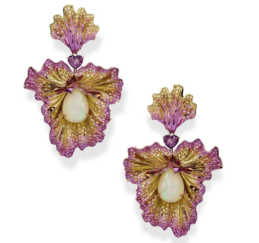 Chopard Caroline's Universe high jewelry earrings in 18K rose gold set with sapphires, rubies and diamonds