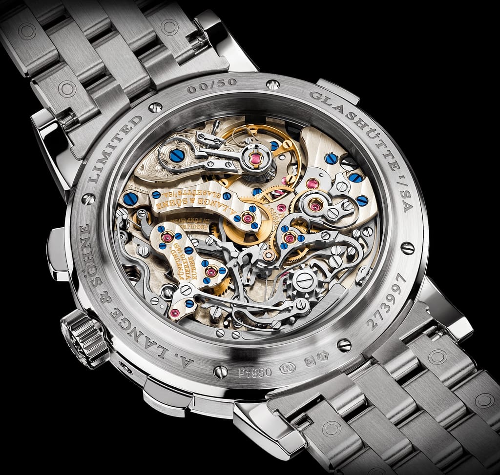 A. Lange & Söhne Datograph Perpetual watch movement viewed from the case back.