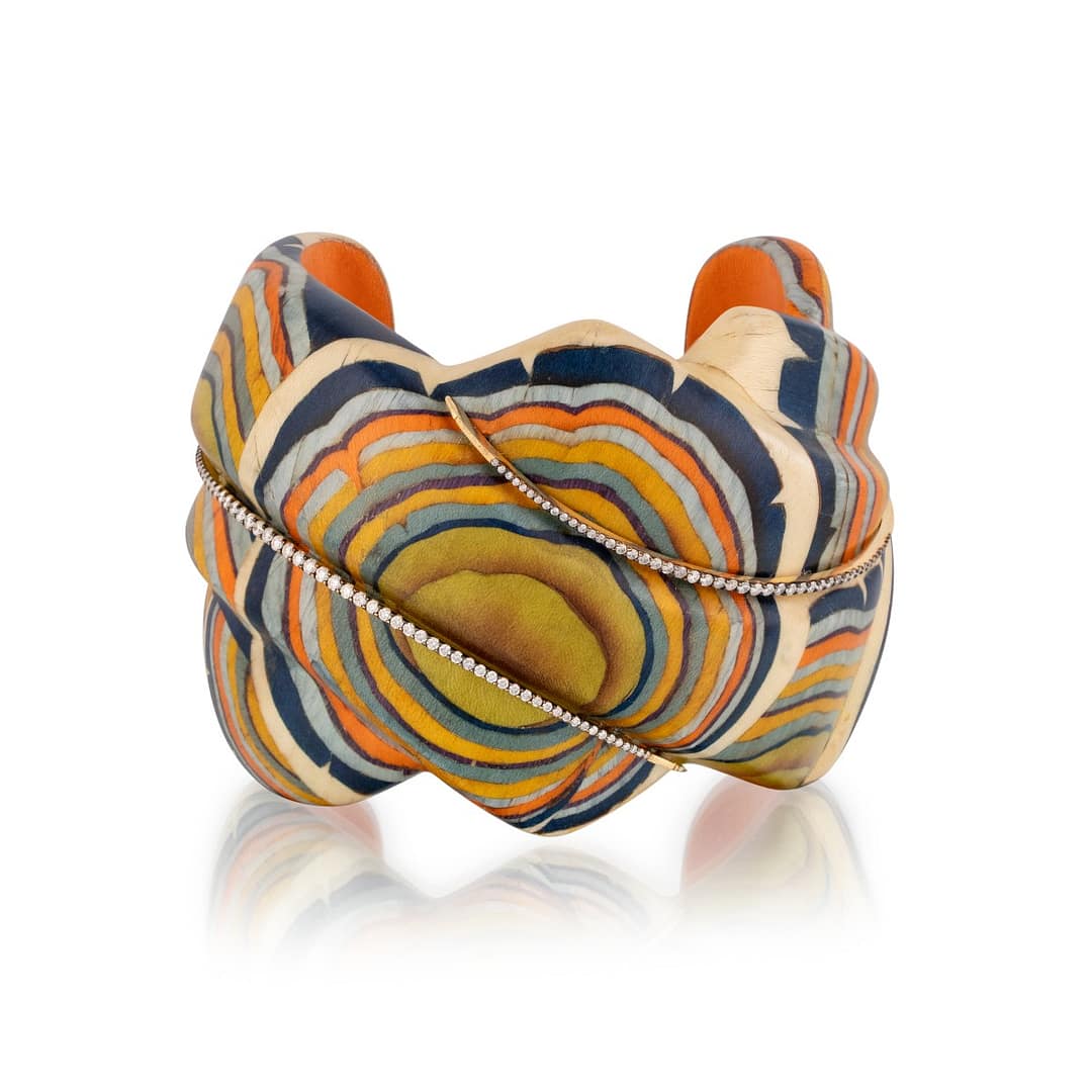 Silvia Furmanovich wood marquetry and diamond cuff bracelet