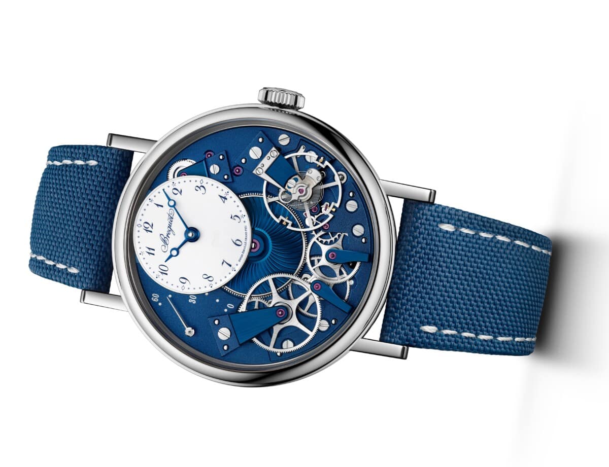 Breguet's new Tradition Seconde Rétrograde 7037 watch with blue dial and guilloche engraving