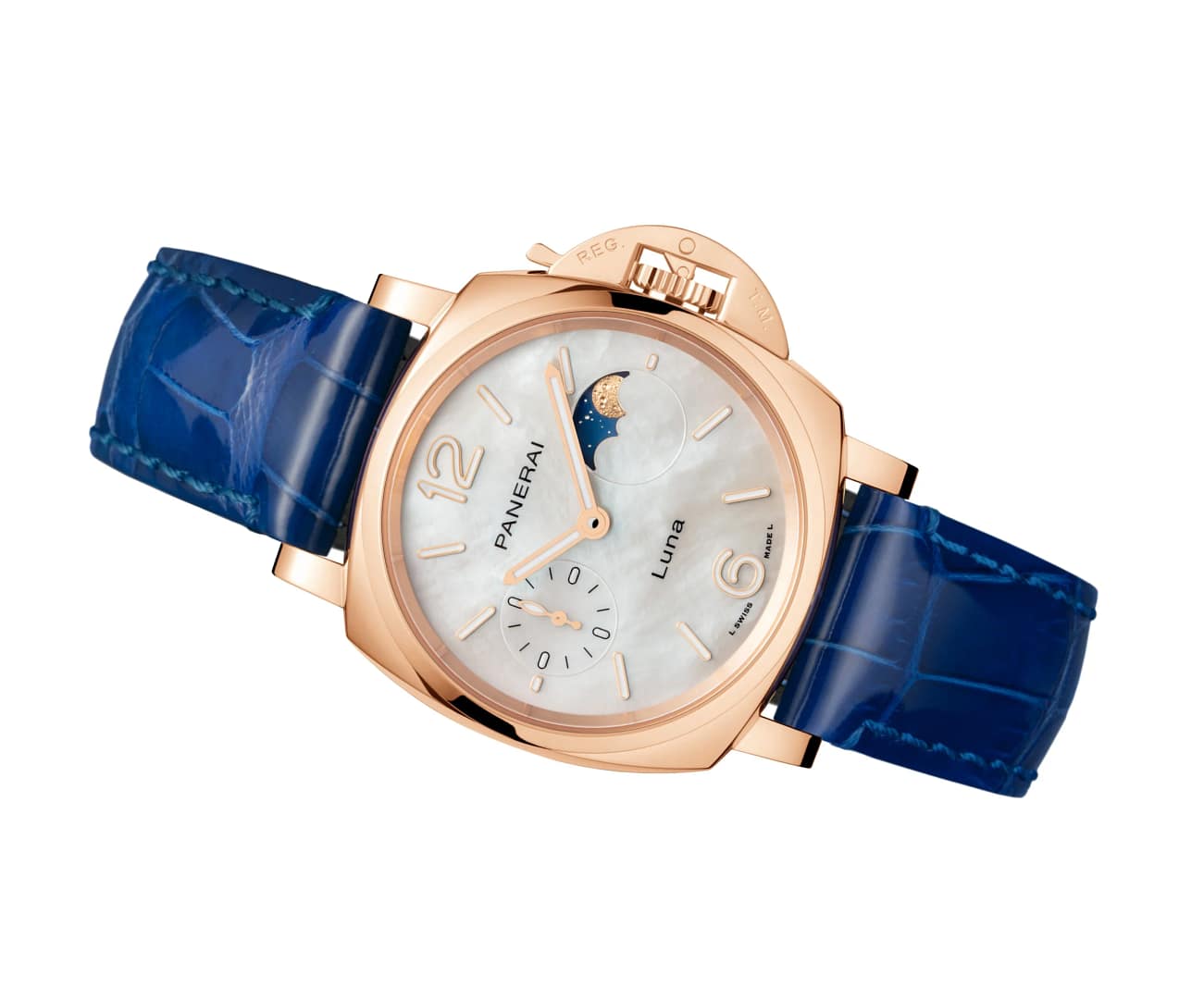 Panerai watch with a mother of pearl dial. This watch is called the Luminor Due Tutto Oro and features a moon phase display.