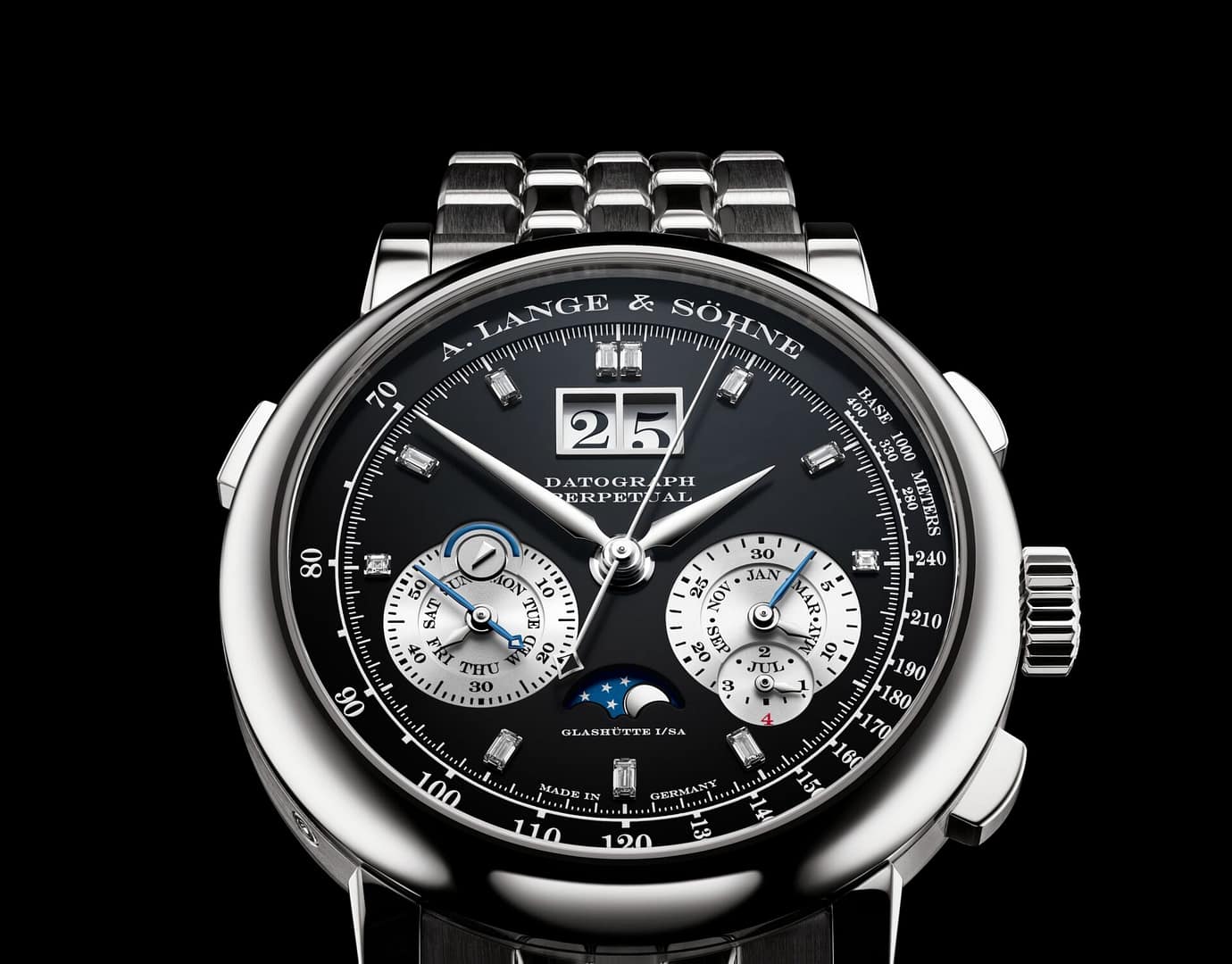 A. Lange & Söhne Datograph Perpetual watch in platinum with black dial and diamond hour markers.