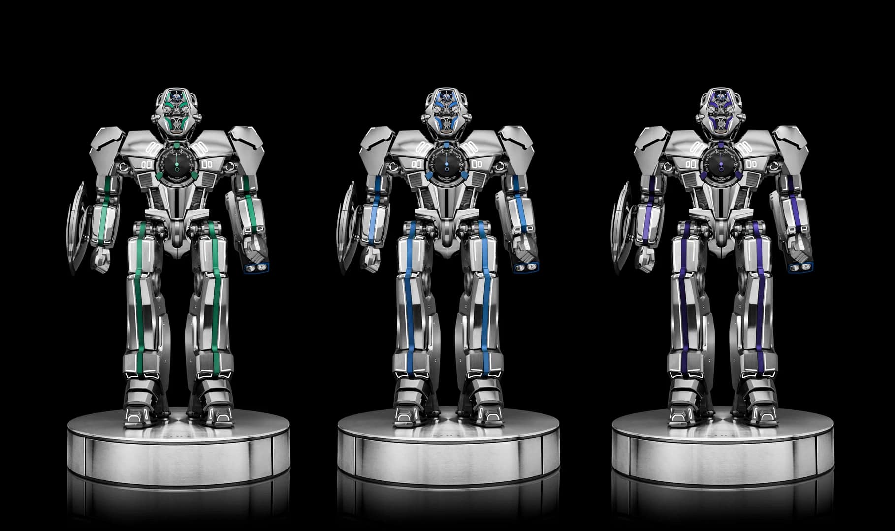A photo of the three new MB&F The Guardian robots in blue, green and purple that have removable heads that can be worn as a watch.