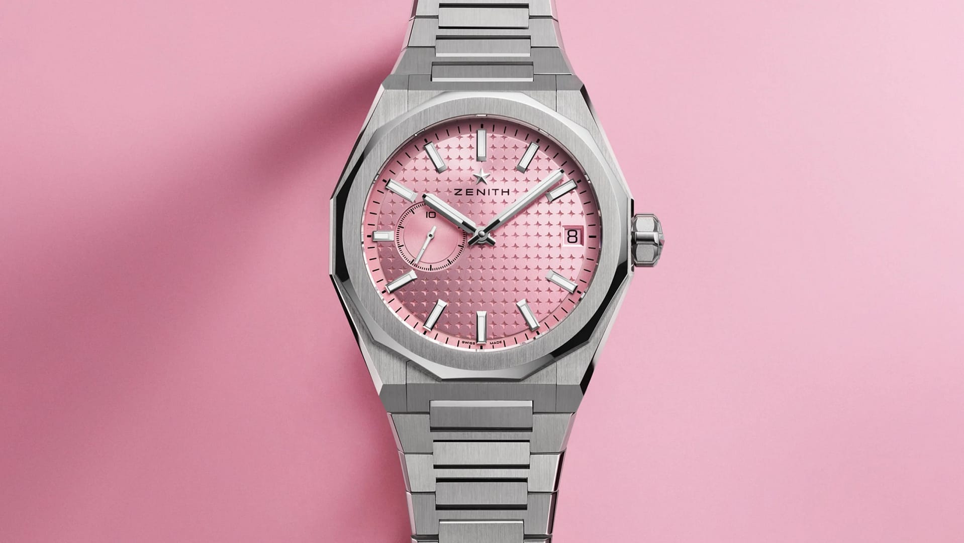 Zenith Defy Skyline steel watch with pink dial and date on steel bracelet.