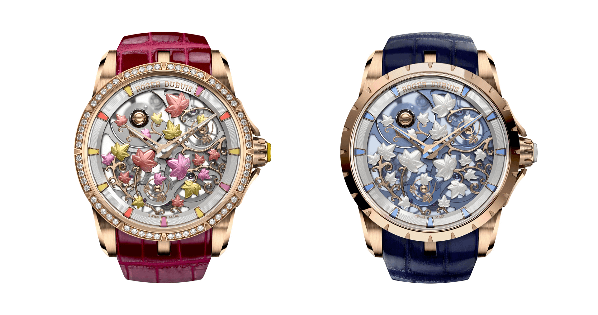 Two Roger Dubuis Brocéliande watches, Dawn in pink and Twilight in blue.