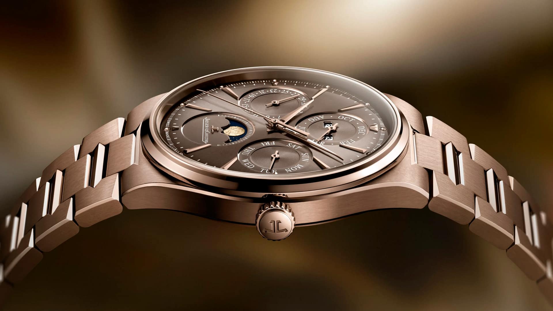 The new Jaeger-LeCoultre Master Control Chronometre Perpetual Calendar watch in rose gold with bronze dial.