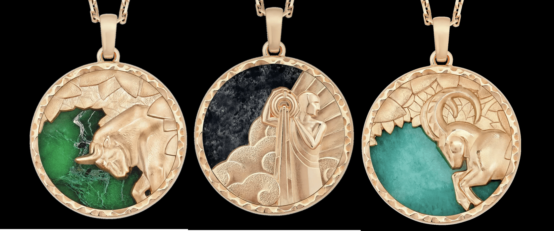 Van Cleef & Arpels Zodaique zodiac pendants in carved gold with colored stone backgrounds.