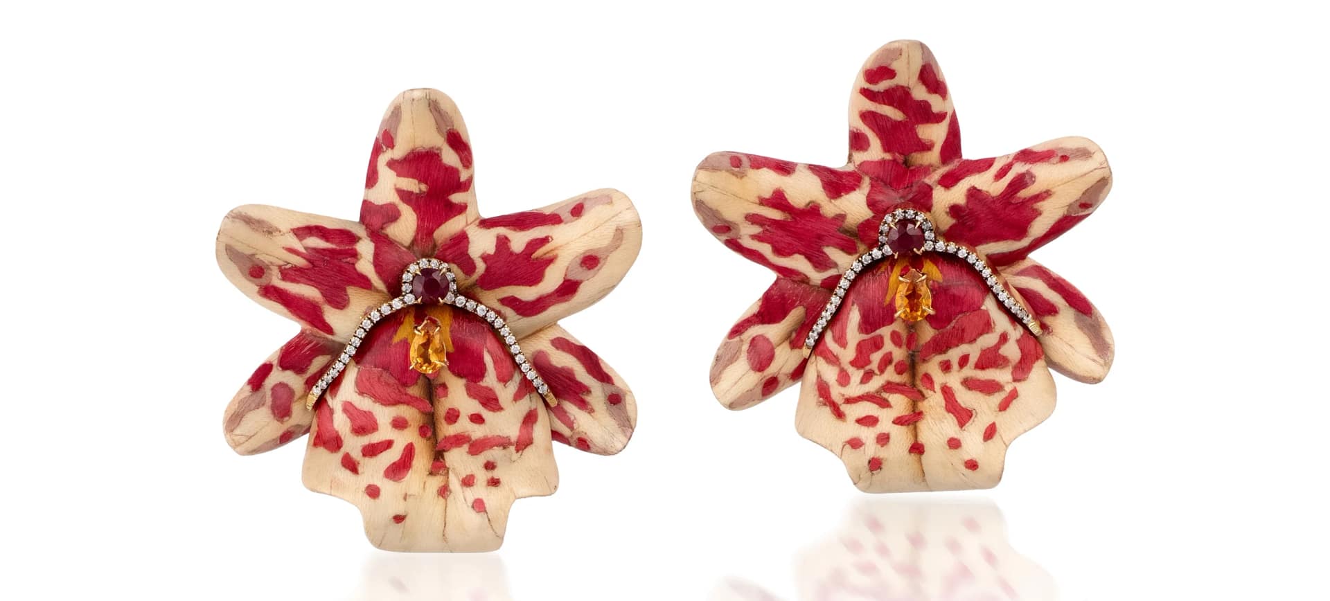 Sylvia Furmanovich Wood Marquetry Earrings with diamonds ruby and citrine