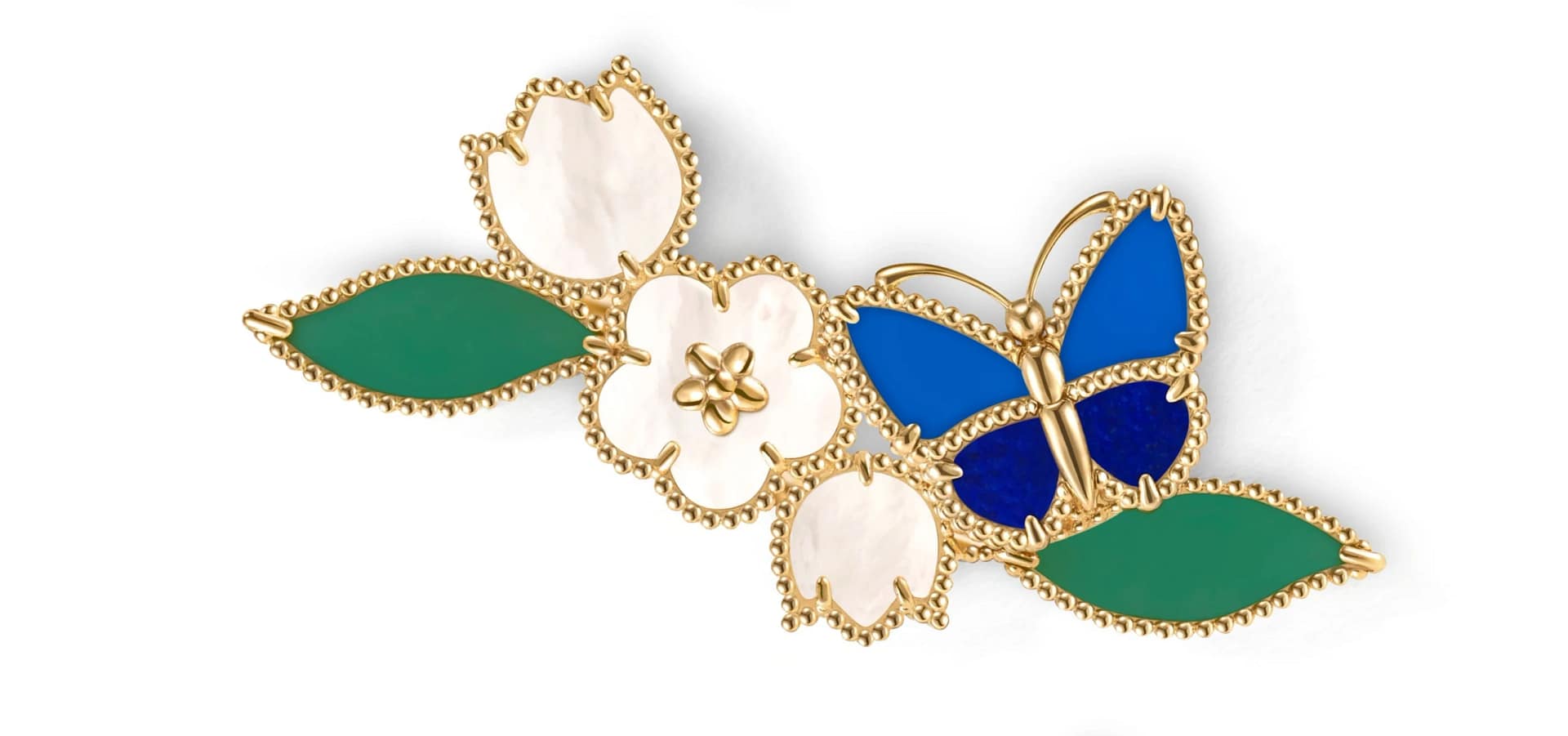 Van Cleef & Arpels Lucky Spring Butterfly clip brooch in yellow gold set with mother of pearl, green agate, lapis lazuli and blue agate.