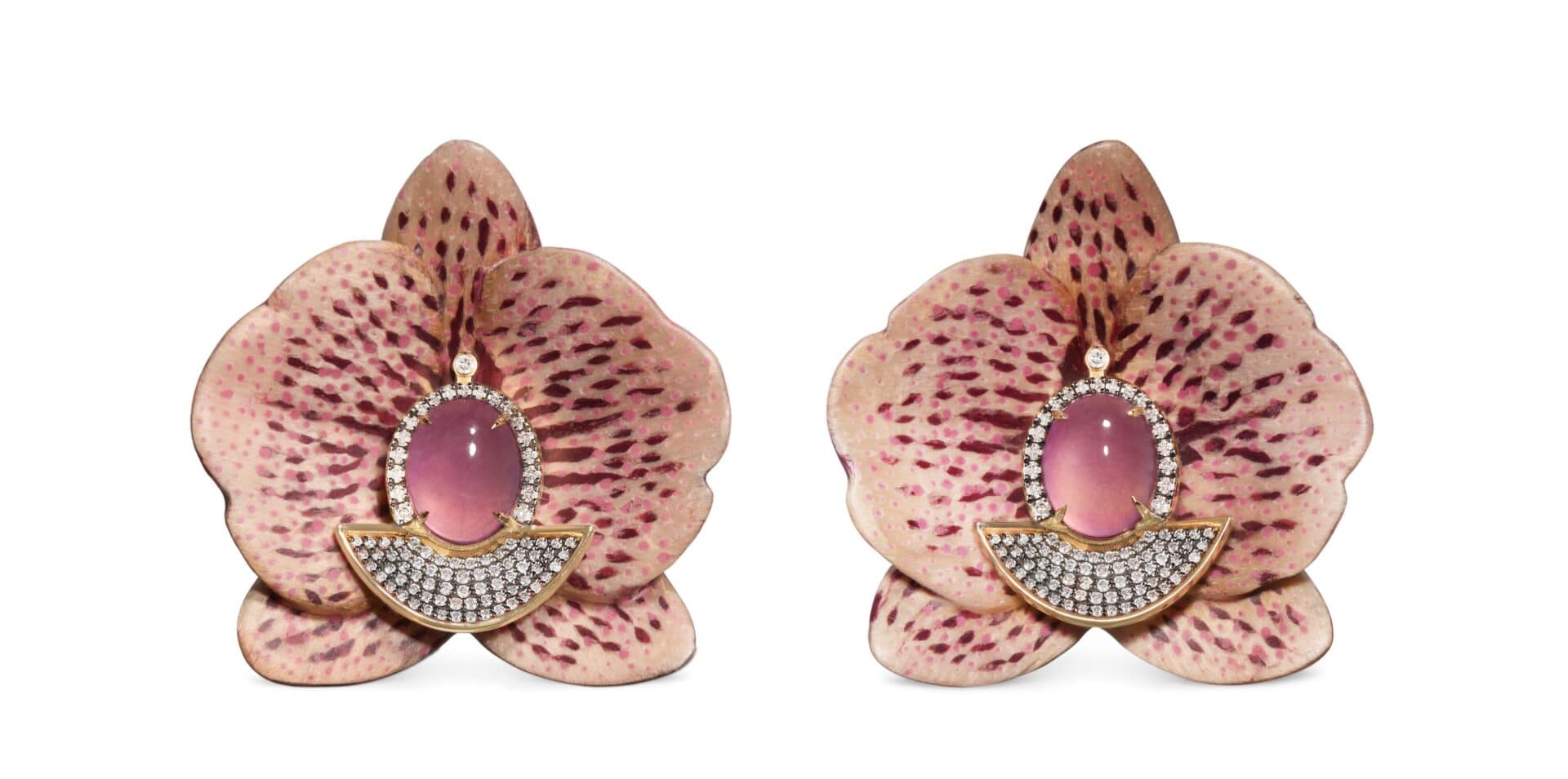 Pink orchid earrings in wood marquetry and pink jadeite designed by Silvia Furmanovich for Asprey.