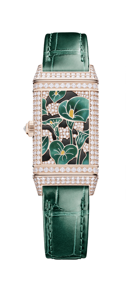 Photo of the case back of a Jaeger-LeCoultre Reverso One Precious Flowers watch with a green floral design accented with diamonds.
