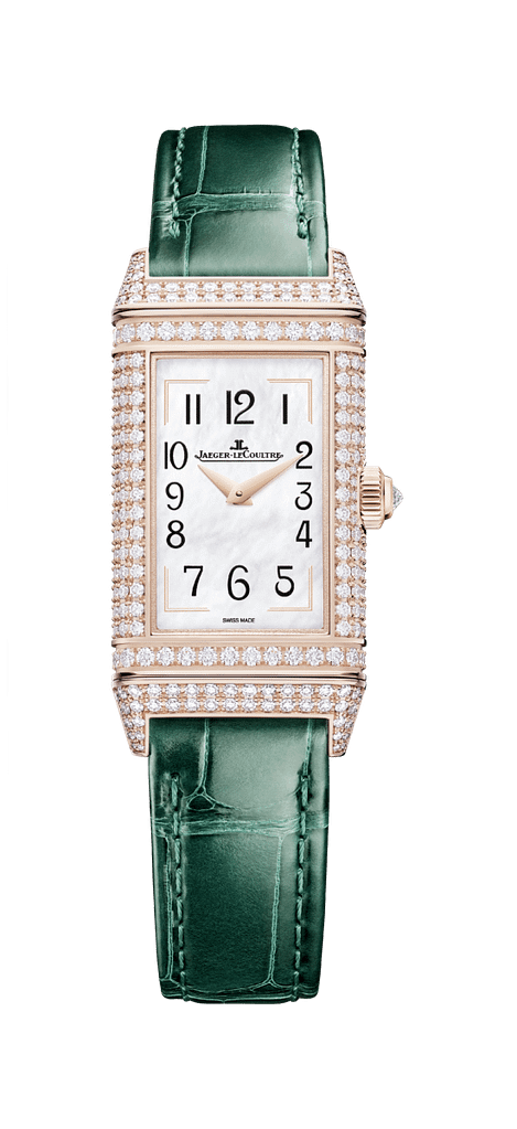 Photo of a Jaeger-LeCoultre Reverso watch with mother-of-pearl dial and green strap.