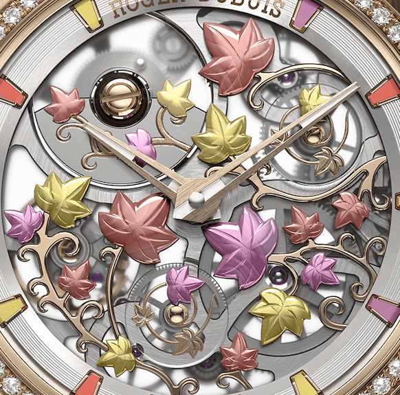 A close-up photo of the new Roger Dubuis Excaliber Dawn watch's transparent dial. It is decorated with ivy vines with leaves of red, pink and yellow.