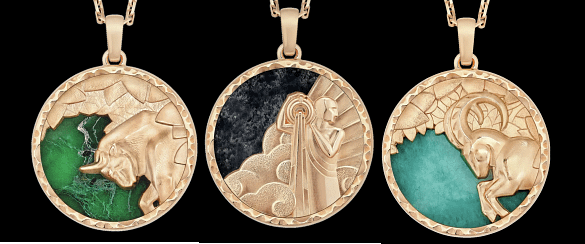 Van Cleef & Arpels Zodaique zodiac pendants in carved gold with colored stone backgrounds.