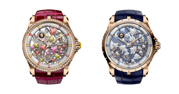 Two Roger Dubuis Brocéliande watches, Dawn in pink and Twilight in blue.