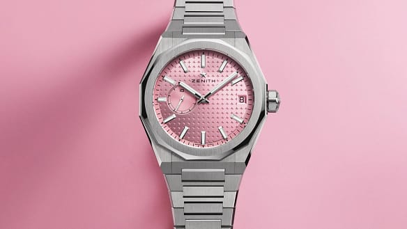 Zenith Defy Skyline steel watch with pink dial and date on steel bracelet.
