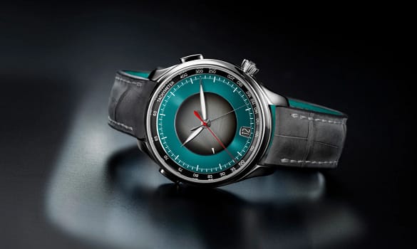H. Moser Endeavour Flyback Chronograph Dual Time Date Watch with turquoise dial.