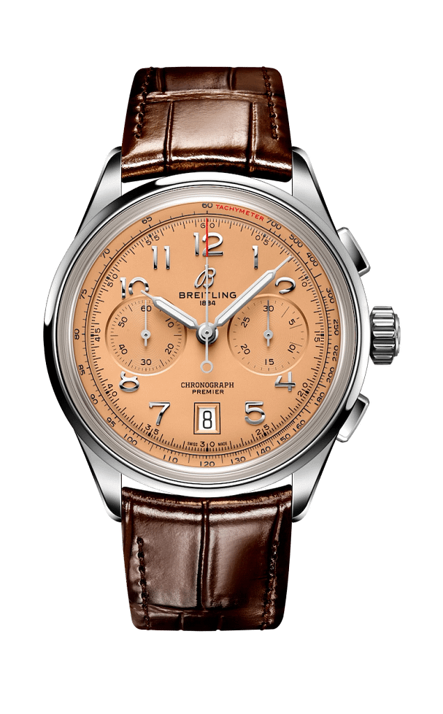 Breitling Premier B01 Chronograph watch with a salmon colored dial and brown leather strap.