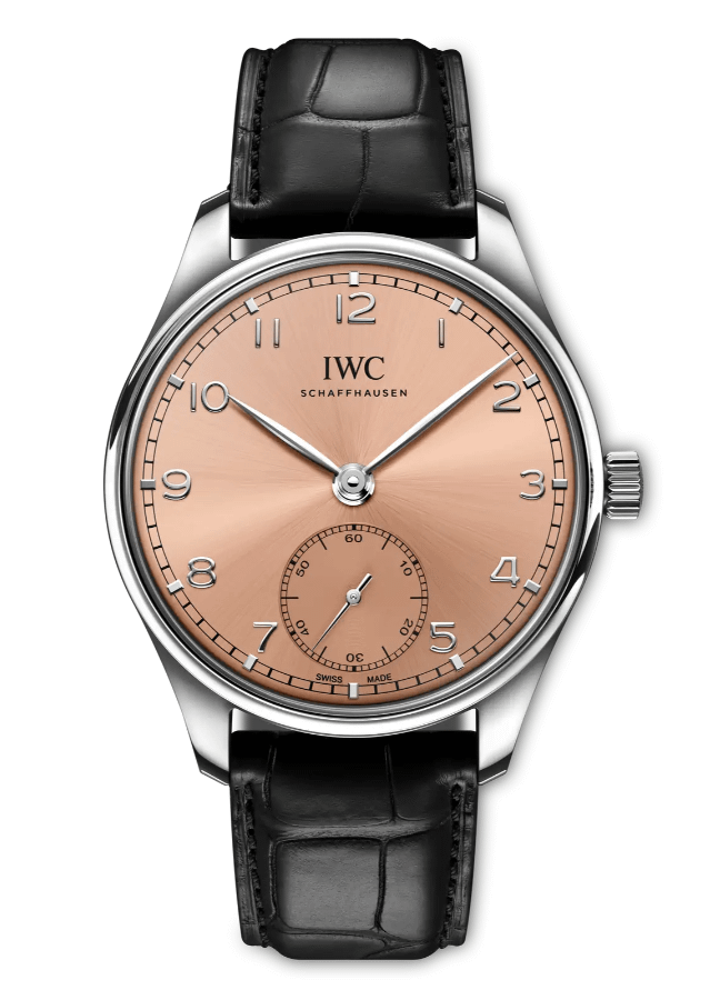 IWC Portugieser Automatic 40 watch with a salmon colored dial.