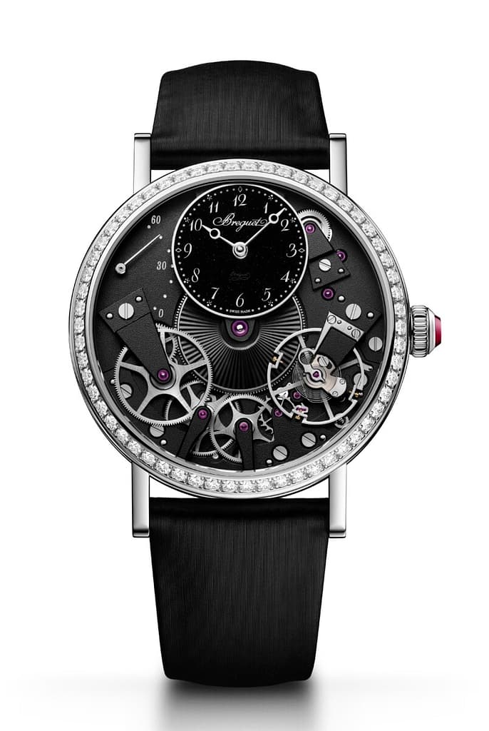 The new Breguet Tradition Seconde Retrograde 7038 watch with a black aventurine dial and diamond-set bezel.